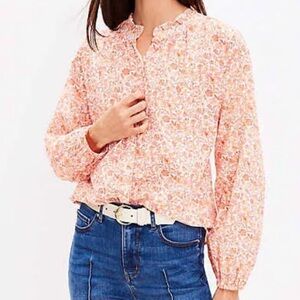 LOFT Orange and White Long Sleeve Blouse with Mandarin Collar